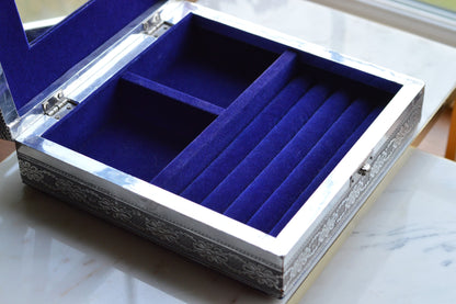Vintage Indo-Persian Peacock Repoussé Jewelry Box – Ornate Hand-Chased Silver Tone Casket with Mirror & Blue Velvet Lining