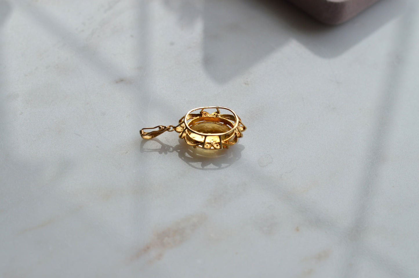 Large Vintage 14K Gold Citrine & Diamond Pendant - Oval Pendant Floral Halo - Mid-Century Statement Estate Jewelry