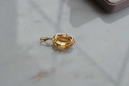 Large Vintage 14K Gold Citrine & Diamond Pendant - Oval Pendant Floral Halo - Mid-Century Statement Estate Jewelry