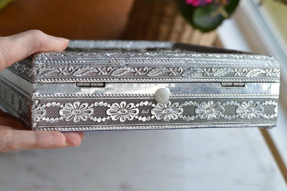 Vintage Indo-Persian Peacock Repoussé Jewelry Box – Ornate Hand-Chased Silver Tone Casket with Mirror & Blue Velvet Lining