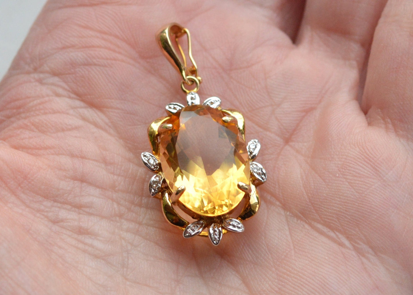 Large Vintage 14K Gold Citrine & Diamond Pendant - Oval Pendant Floral Halo - Mid-Century Statement Estate Jewelry