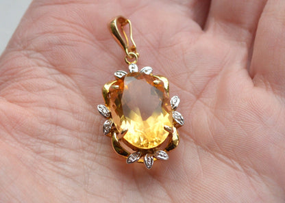 Large Vintage 14K Gold Citrine & Diamond Pendant - Oval Pendant Floral Halo - Mid-Century Statement Estate Jewelry