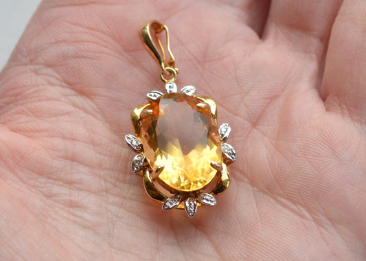 Large Vintage 14K Gold Citrine & Diamond Pendant - Oval Pendant Floral Halo - Mid-Century Statement Estate Jewelry
