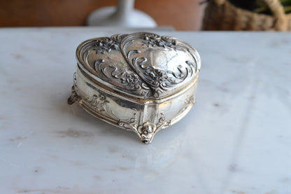Vintage Wittnauer Diamond Sweetheart Watch Box, Silver Plate Double Heart Jewelry Casket, Art Nouveau Footed Bracelet Box