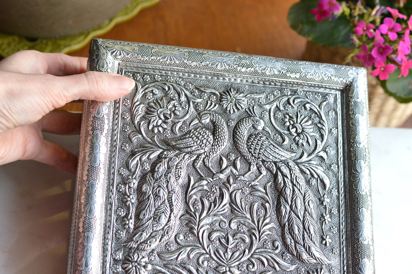 Vintage Indo-Persian Peacock Repoussé Jewelry Box – Ornate Hand-Chased Silver Tone Casket with Mirror & Blue Velvet Lining