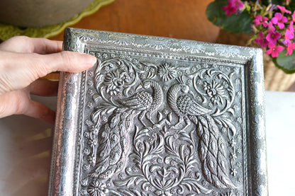 Vintage Indo-Persian Peacock Repoussé Jewelry Box – Ornate Hand-Chased Silver Tone Casket with Mirror & Blue Velvet Lining
