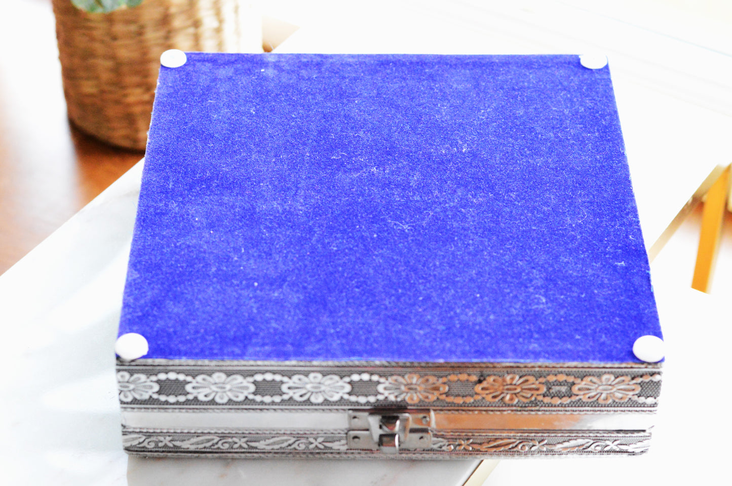 Vintage Indo-Persian Peacock Repoussé Jewelry Box – Ornate Hand-Chased Silver Tone Casket with Mirror & Blue Velvet Lining