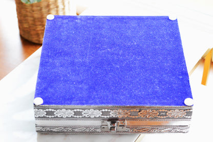 Vintage Indo-Persian Peacock Repoussé Jewelry Box – Ornate Hand-Chased Silver Tone Casket with Mirror & Blue Velvet Lining