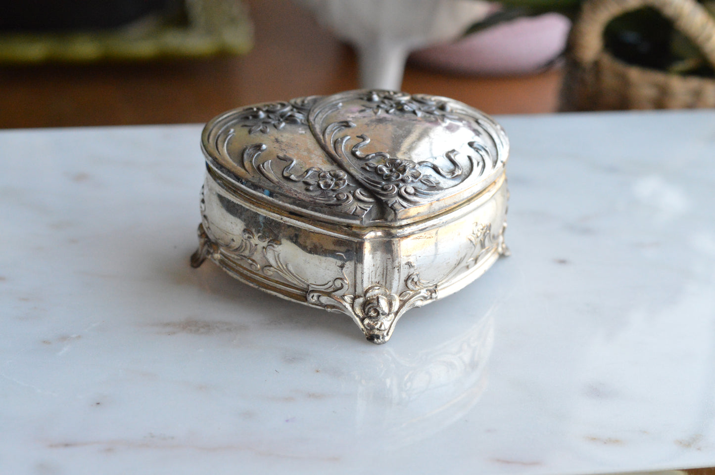 Vintage Wittnauer Diamond Sweetheart Watch Box, Silver Plate Double Heart Jewelry Casket, Art Nouveau Footed Bracelet Box