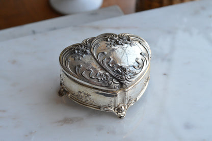 Vintage Wittnauer Diamond Sweetheart Watch Box, Silver Plate Double Heart Jewelry Casket, Art Nouveau Footed Bracelet Box