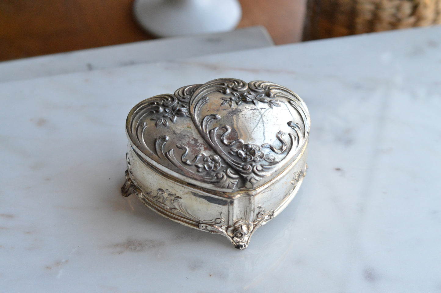 Vintage Wittnauer Diamond Sweetheart Watch Box, Silver Plate Double Heart Jewelry Casket, Art Nouveau Footed Bracelet Box