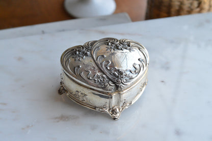 Vintage Wittnauer Diamond Sweetheart Watch Box, Silver Plate Double Heart Jewelry Casket, Art Nouveau Footed Bracelet Box
