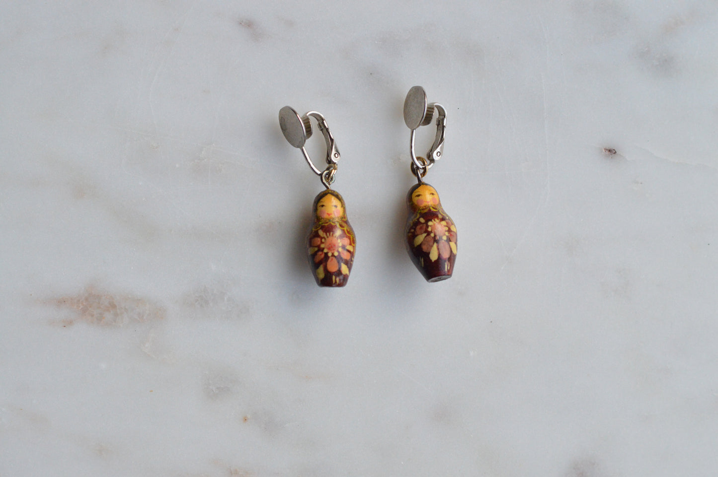 Vintage Russian Matryoshka Doll Earrings - Hand Painted Wooden Nesting Doll Charms - Boho Folk Art Clip On Jewelry - Miniature Babushka