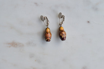 Vintage Russian Matryoshka Doll Earrings - Hand Painted Wooden Nesting Doll Charms - Boho Folk Art Clip On Jewelry - Miniature Babushka