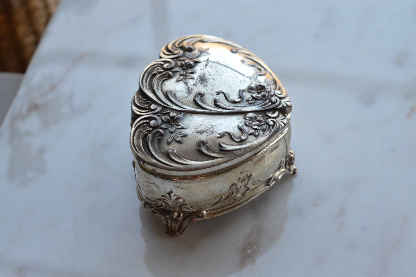 Vintage Wittnauer Diamond Sweetheart Watch Box, Silver Plate Double Heart Jewelry Casket, Art Nouveau Footed Bracelet Box