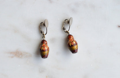 Vintage Russian Matryoshka Doll Earrings - Hand Painted Wooden Nesting Doll Charms - Boho Folk Art Clip On Jewelry - Miniature Babushka
