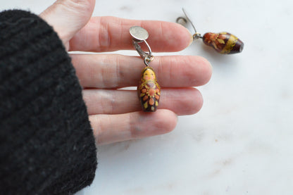 Vintage Russian Matryoshka Doll Earrings - Hand Painted Wooden Nesting Doll Charms - Boho Folk Art Clip On Jewelry - Miniature Babushka
