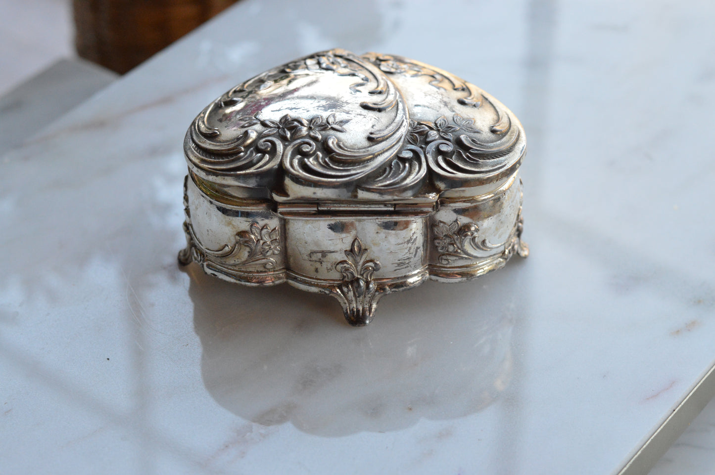 Vintage Wittnauer Diamond Sweetheart Watch Box, Silver Plate Double Heart Jewelry Casket, Art Nouveau Footed Bracelet Box