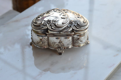 Vintage Wittnauer Diamond Sweetheart Watch Box, Silver Plate Double Heart Jewelry Casket, Art Nouveau Footed Bracelet Box