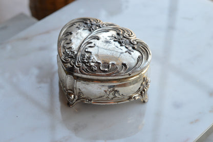 Vintage Wittnauer Diamond Sweetheart Watch Box, Silver Plate Double Heart Jewelry Casket, Art Nouveau Footed Bracelet Box
