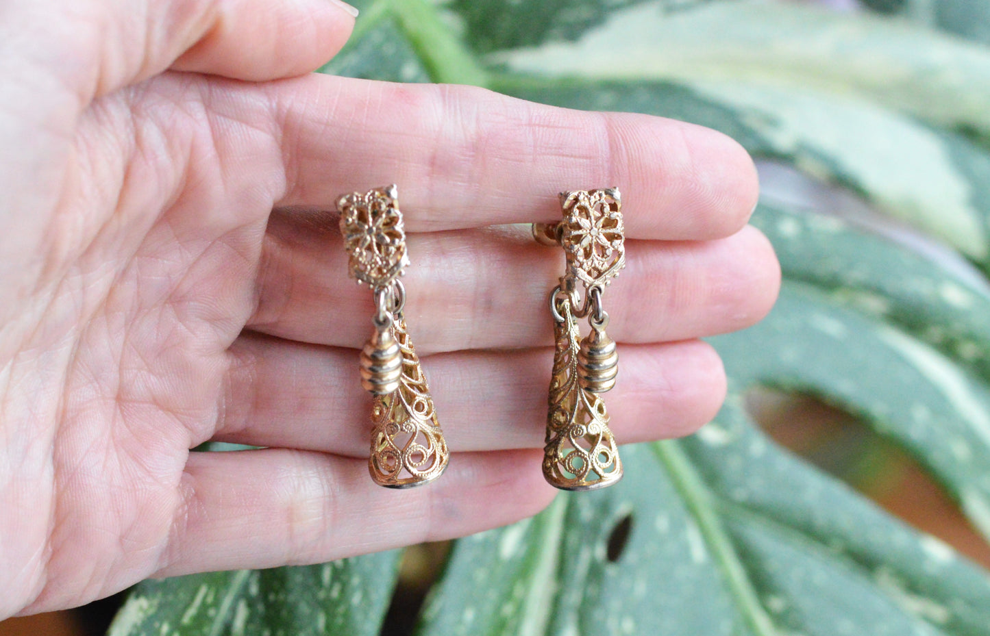 Vintage Gold Tone Filigree Dangle Earrings, Victorian Revival Bell Drop Screw Back Earrings, Ornate Pierced Boho Jewelry
