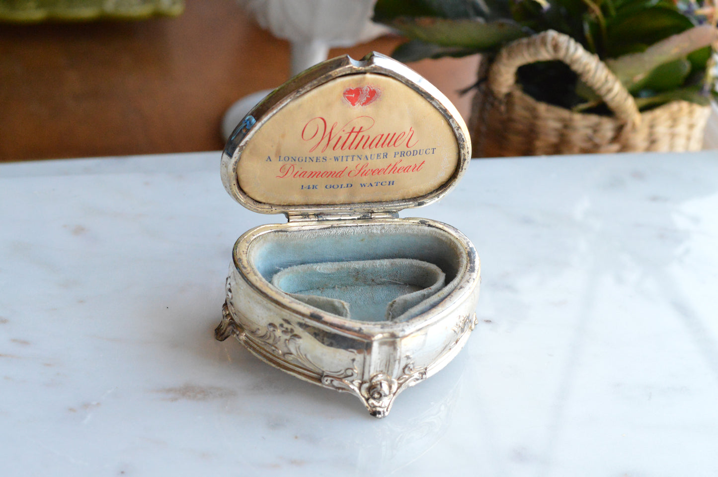 Vintage Wittnauer Diamond Sweetheart Watch Box, Silver Plate Double Heart Jewelry Casket, Art Nouveau Footed Bracelet Box