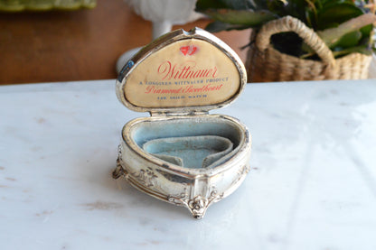 Vintage Wittnauer Diamond Sweetheart Watch Box, Silver Plate Double Heart Jewelry Casket, Art Nouveau Footed Bracelet Box