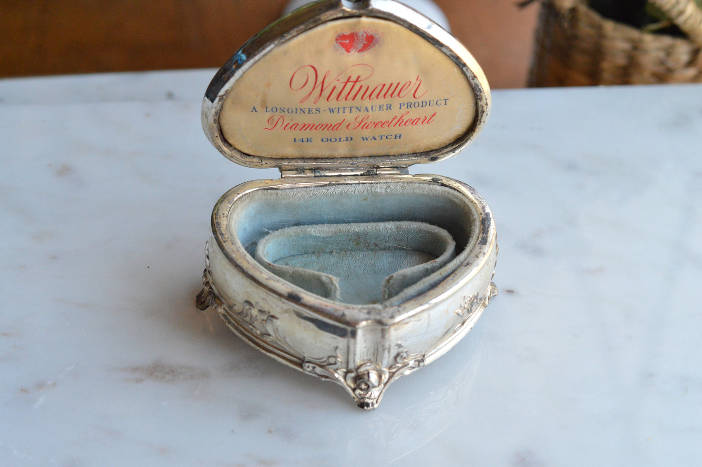 Vintage Wittnauer Diamond Sweetheart Watch Box, Silver Plate Double Heart Jewelry Casket, Art Nouveau Footed Bracelet Box