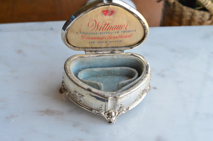 Vintage Wittnauer Diamond Sweetheart Watch Box, Silver Plate Double Heart Jewelry Casket, Art Nouveau Footed Bracelet Box