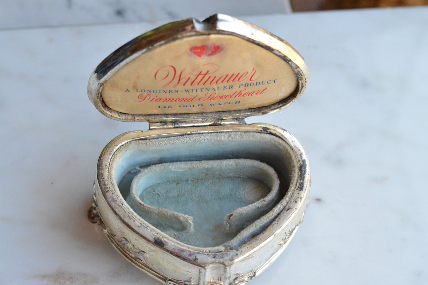 Vintage Wittnauer Diamond Sweetheart Watch Box, Silver Plate Double Heart Jewelry Casket, Art Nouveau Footed Bracelet Box