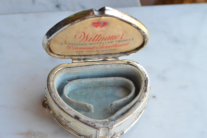 Vintage Wittnauer Diamond Sweetheart Watch Box, Silver Plate Double Heart Jewelry Casket, Art Nouveau Footed Bracelet Box