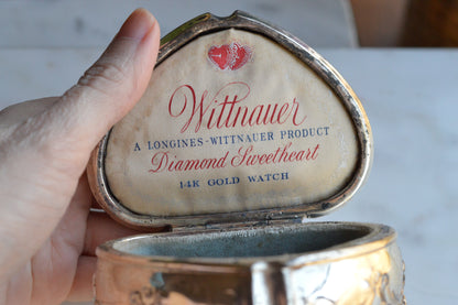 Vintage Wittnauer Diamond Sweetheart Watch Box, Silver Plate Double Heart Jewelry Casket, Art Nouveau Footed Bracelet Box