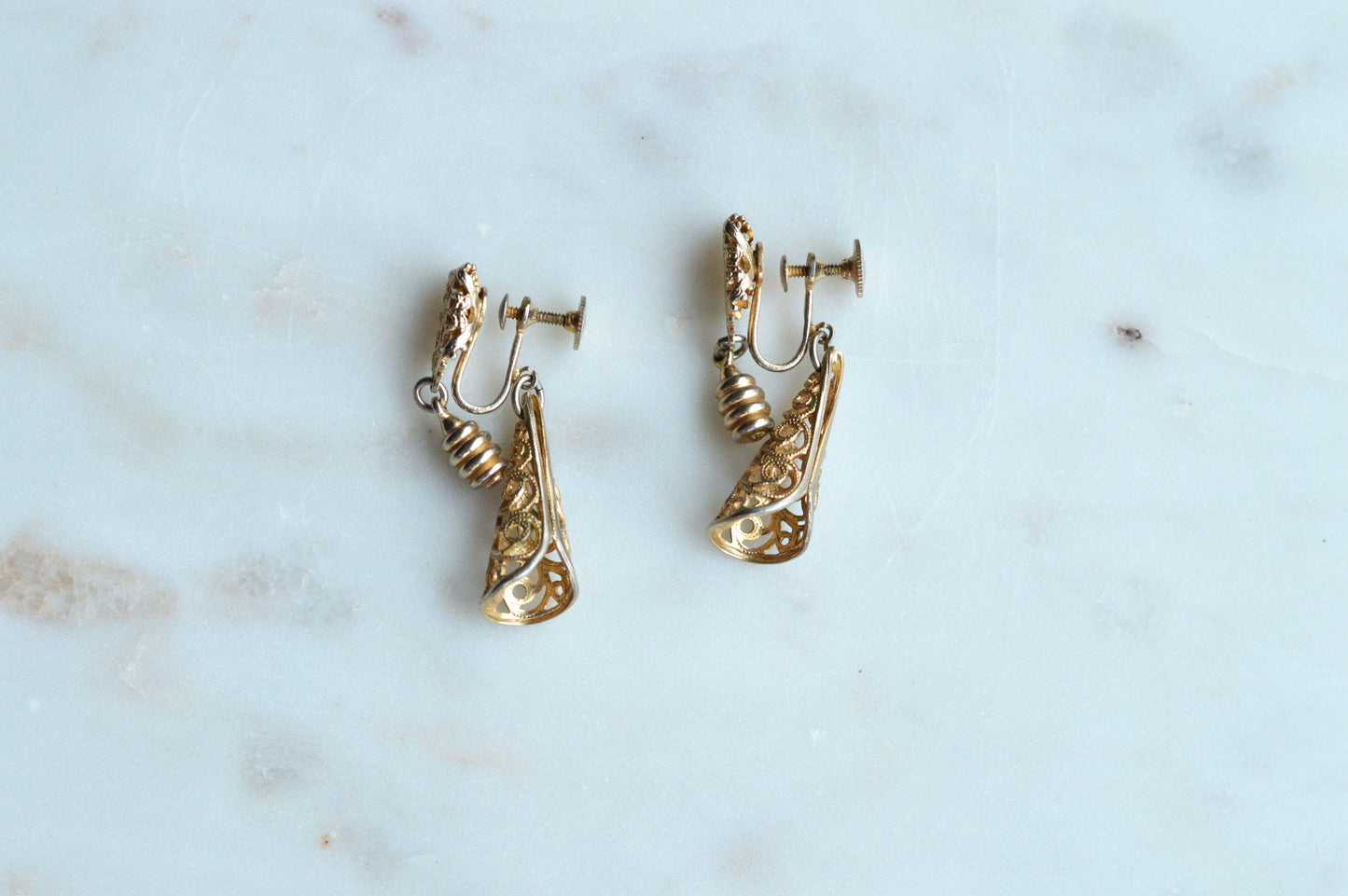 Vintage Gold Tone Filigree Dangle Earrings, Victorian Revival Bell Drop Screw Back Earrings, Ornate Pierced Boho Jewelry