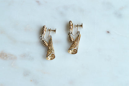 Vintage Gold Tone Filigree Dangle Earrings, Victorian Revival Bell Drop Screw Back Earrings, Ornate Pierced Boho Jewelry