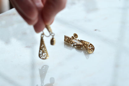 Vintage Gold Tone Filigree Dangle Earrings, Victorian Revival Bell Drop Screw Back Earrings, Ornate Pierced Boho Jewelry