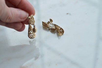 Vintage Gold Tone Filigree Dangle Earrings, Victorian Revival Bell Drop Screw Back Earrings, Ornate Pierced Boho Jewelry