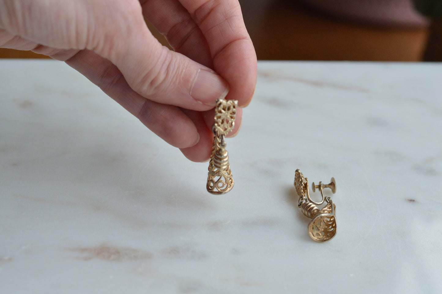 Vintage Gold Tone Filigree Dangle Earrings, Victorian Revival Bell Drop Screw Back Earrings, Ornate Pierced Boho Jewelry