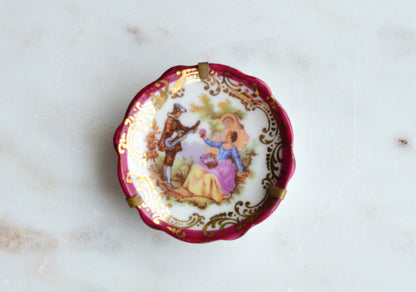 Vintage Limoges France Miniature Porcelain Plate, Courting Couple Romantic Scene with Brass Stand & Wall Hanger, 22K Gold Trim French Collectible