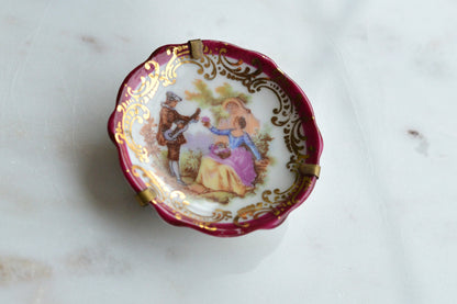 Vintage Limoges France Miniature Porcelain Plate, Courting Couple Romantic Scene with Brass Stand & Wall Hanger, 22K Gold Trim French Collectible