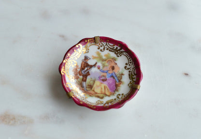 Vintage Limoges France Miniature Porcelain Plate, Courting Couple Romantic Scene with Brass Stand & Wall Hanger, 22K Gold Trim French Collectible