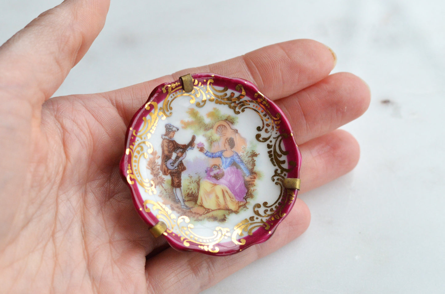 Vintage Limoges France Miniature Porcelain Plate, Courting Couple Romantic Scene with Brass Stand & Wall Hanger, 22K Gold Trim French Collectible