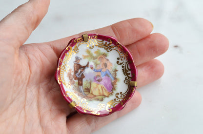 Vintage Limoges France Miniature Porcelain Plate, Courting Couple Romantic Scene with Brass Stand & Wall Hanger, 22K Gold Trim French Collectible