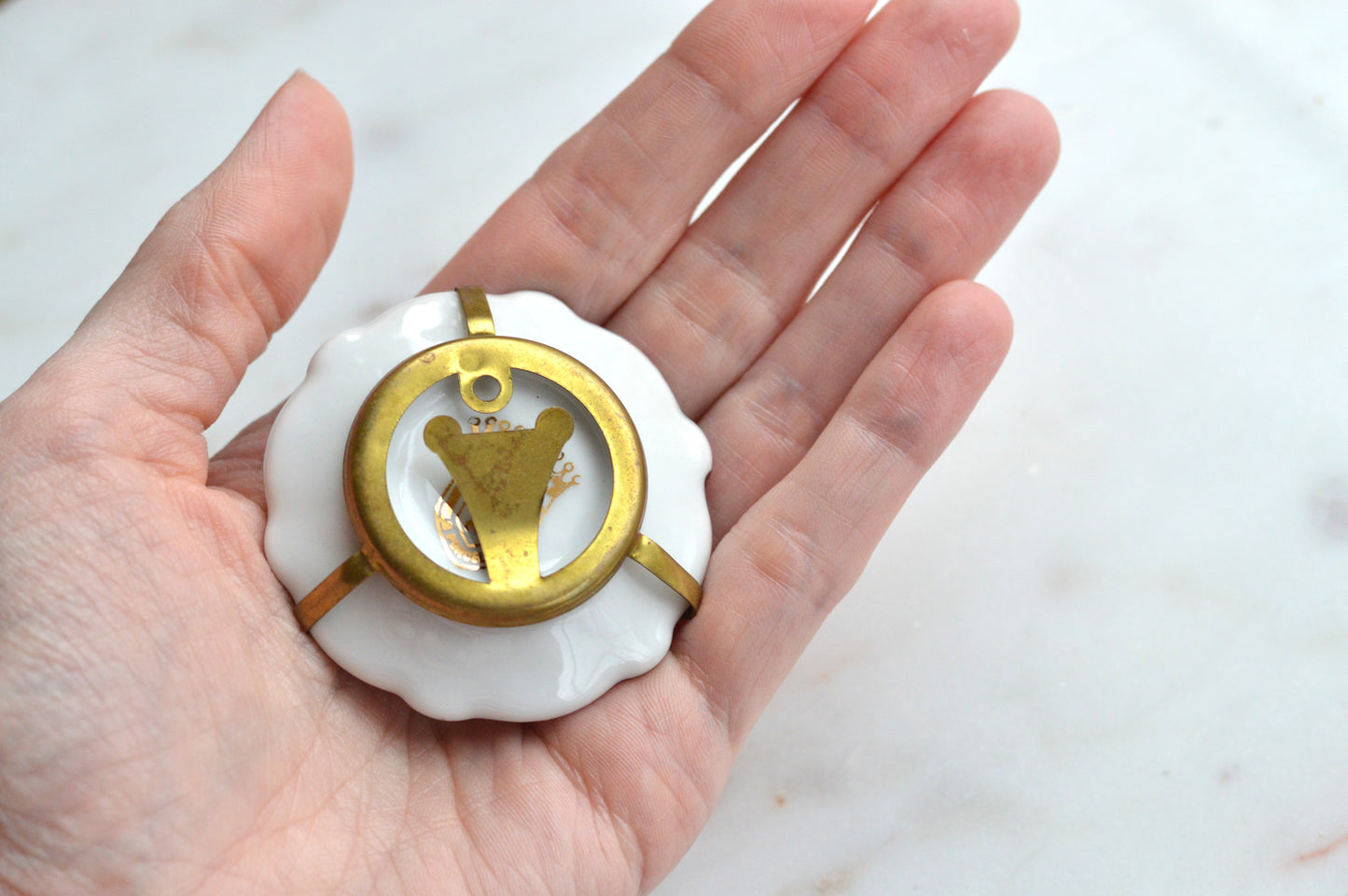 Vintage Limoges France Miniature Porcelain Plate, Courting Couple Romantic Scene with Brass Stand & Wall Hanger, 22K Gold Trim French Collectible