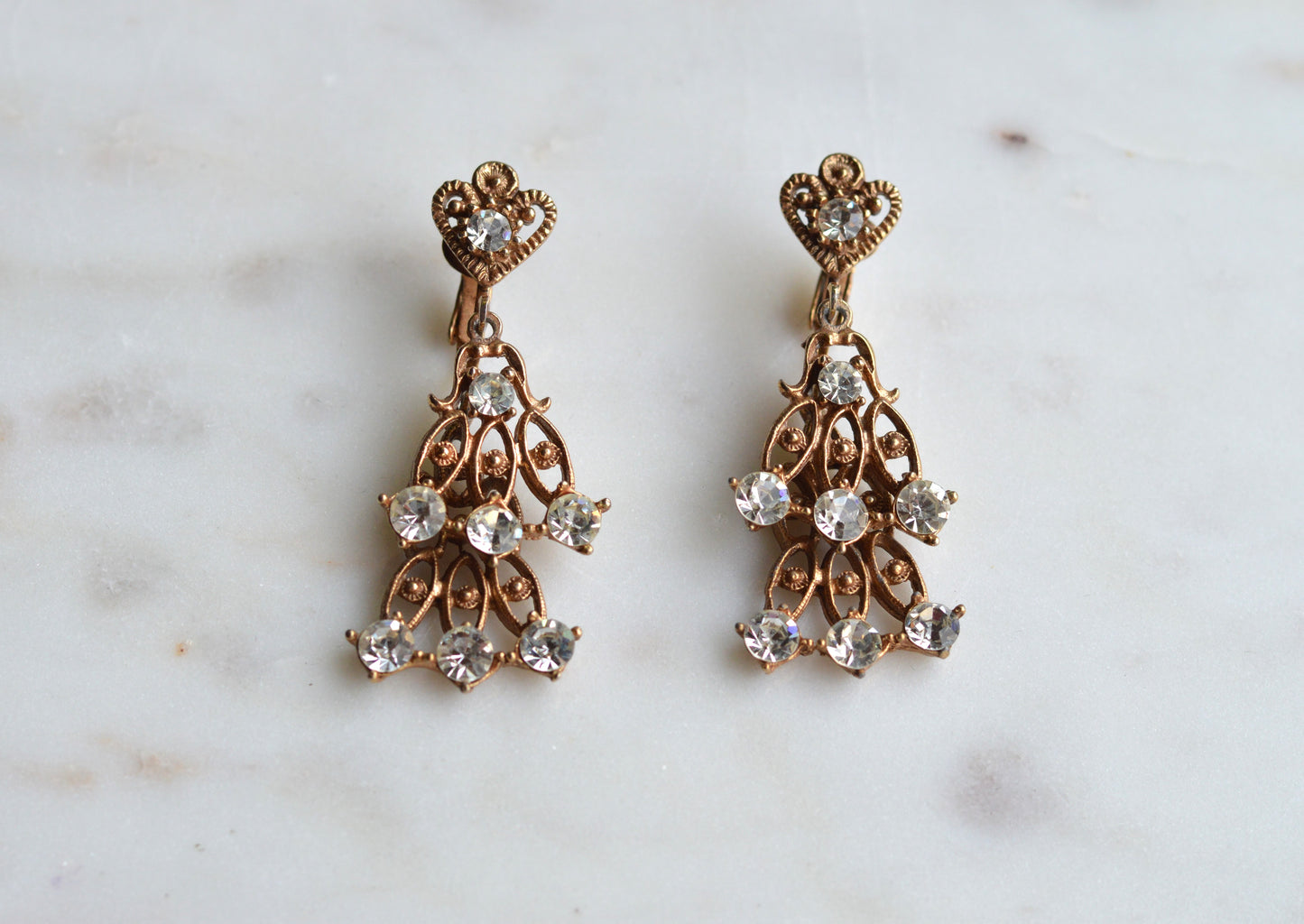Vintage Rose Gold Tone Rhinestone Chandelier Earrings, Heart Top Filigree Drops, Clear Crystal Dangle Earrings, Romantic