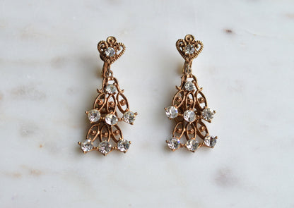 Vintage Rose Gold Tone Rhinestone Chandelier Earrings, Heart Top Filigree Drops, Clear Crystal Dangle Earrings, Romantic