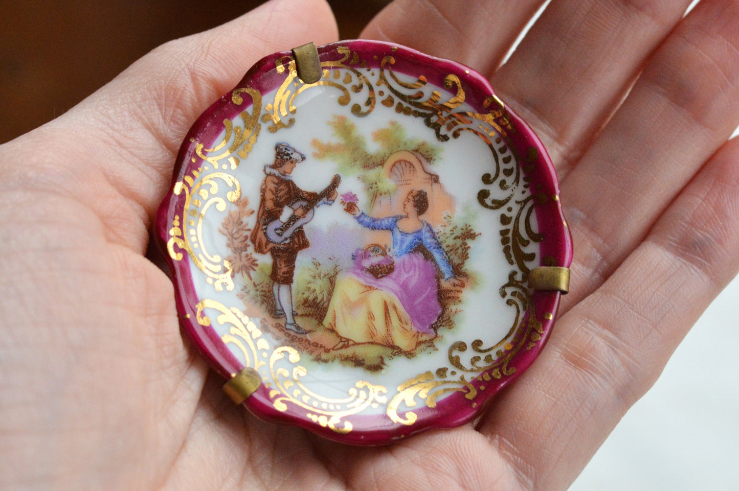 Vintage Limoges France Miniature Porcelain Plate, Courting Couple Romantic Scene with Brass Stand & Wall Hanger, 22K Gold Trim French Collectible