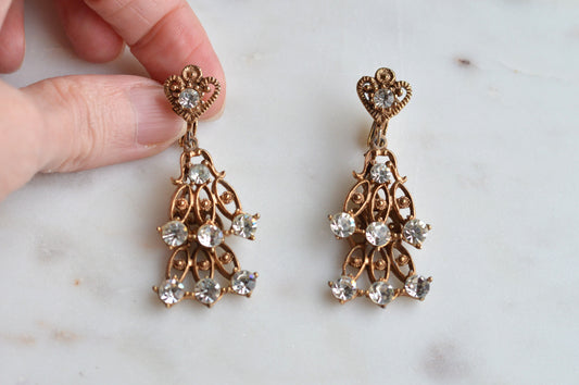 Vintage Rose Gold Tone Rhinestone Chandelier Earrings, Heart Top Filigree Drops, Clear Crystal Dangle Earrings, Romantic