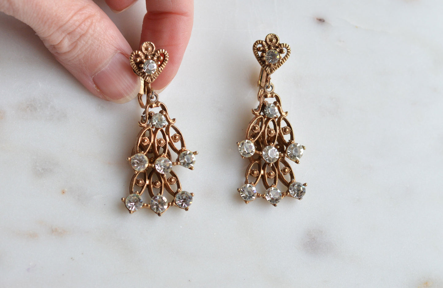 Vintage Rose Gold Tone Rhinestone Chandelier Earrings, Heart Top Filigree Drops, Clear Crystal Dangle Earrings, Romantic
