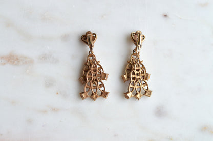 Vintage Rose Gold Tone Rhinestone Chandelier Earrings, Heart Top Filigree Drops, Clear Crystal Dangle Earrings, Romantic