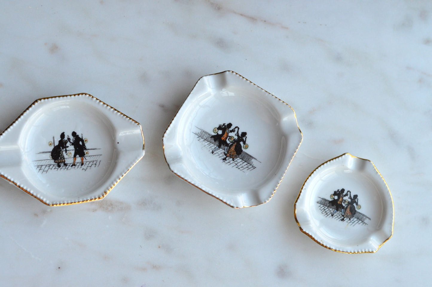 Vintage Schumann Bavaria Porcelain Miniature Ashtray Set, 3 Piece Geometric Silhouette Trio, Dancing Couple Design with Gold Trim, Mid Century German Trinket Dishes
